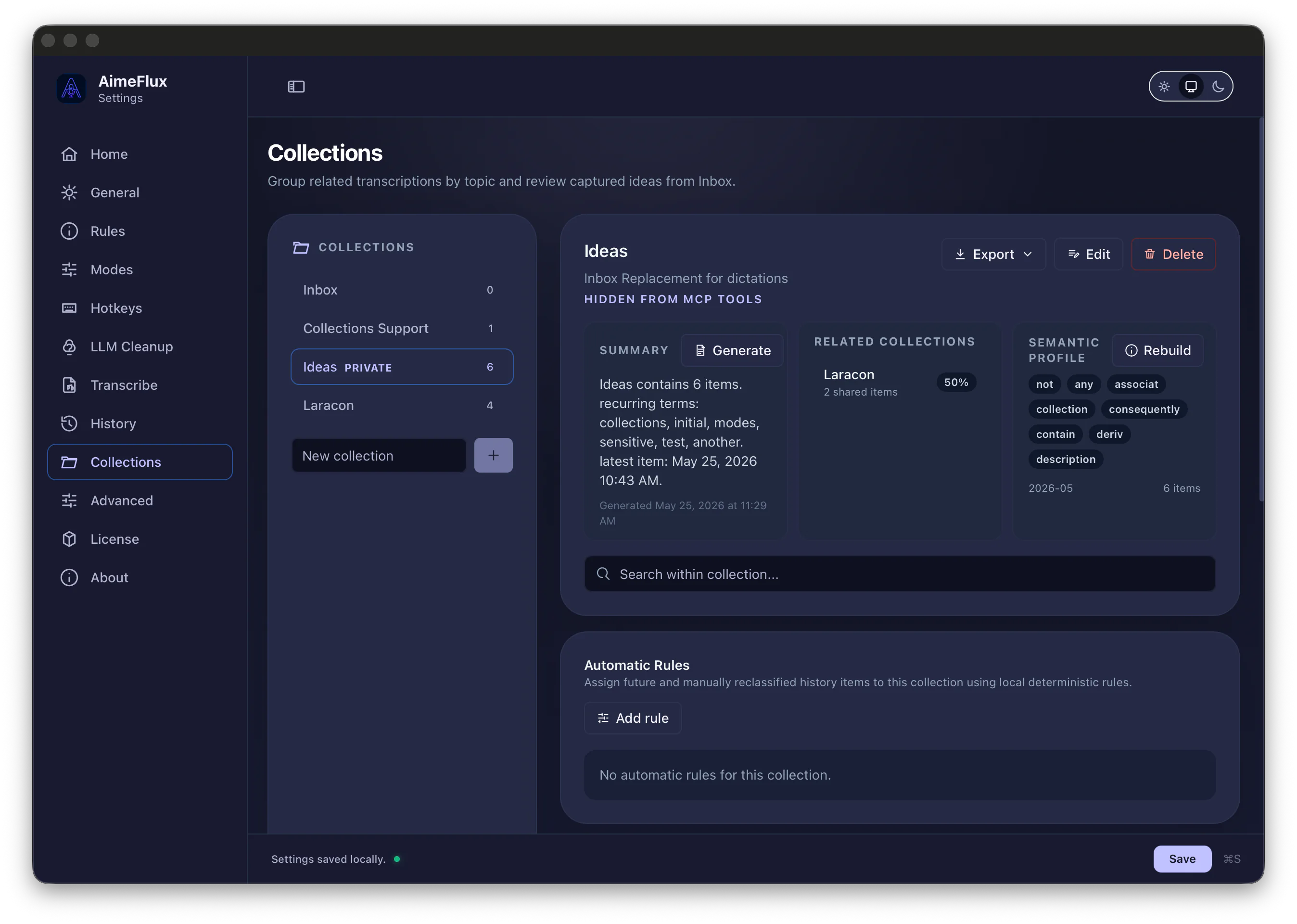 AimeFlux collections view showing organized transcript groups and collection controls