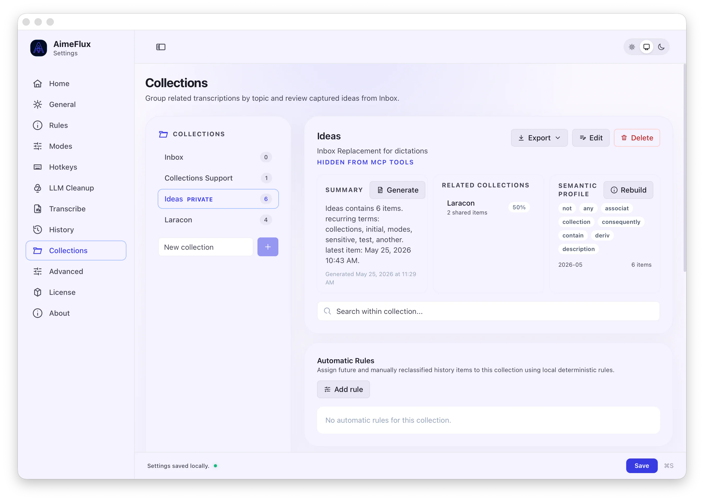 AimeFlux collections view showing organized transcript groups and collection controls