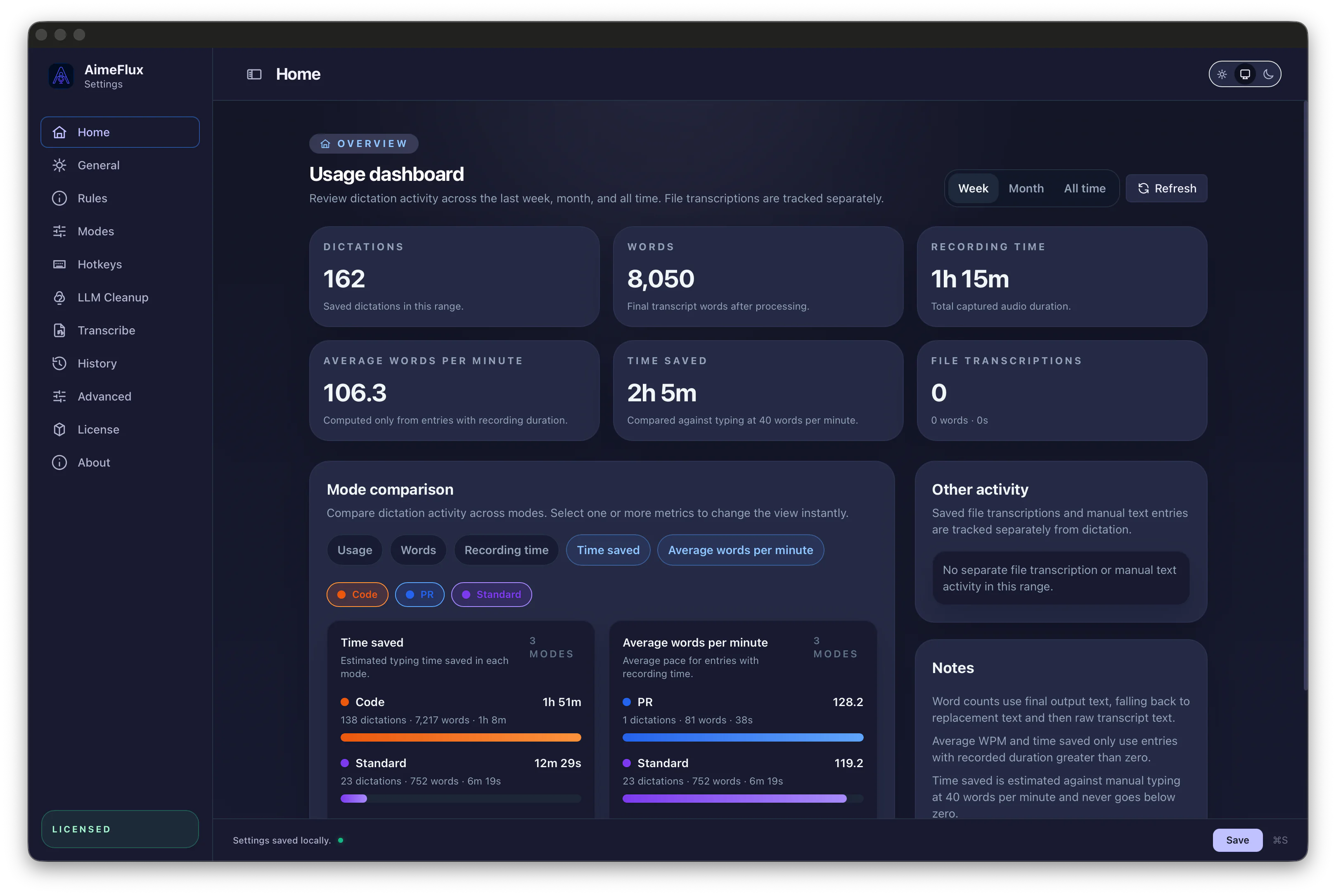 AimeFlux dashboard showing local usage, history, and capture controls