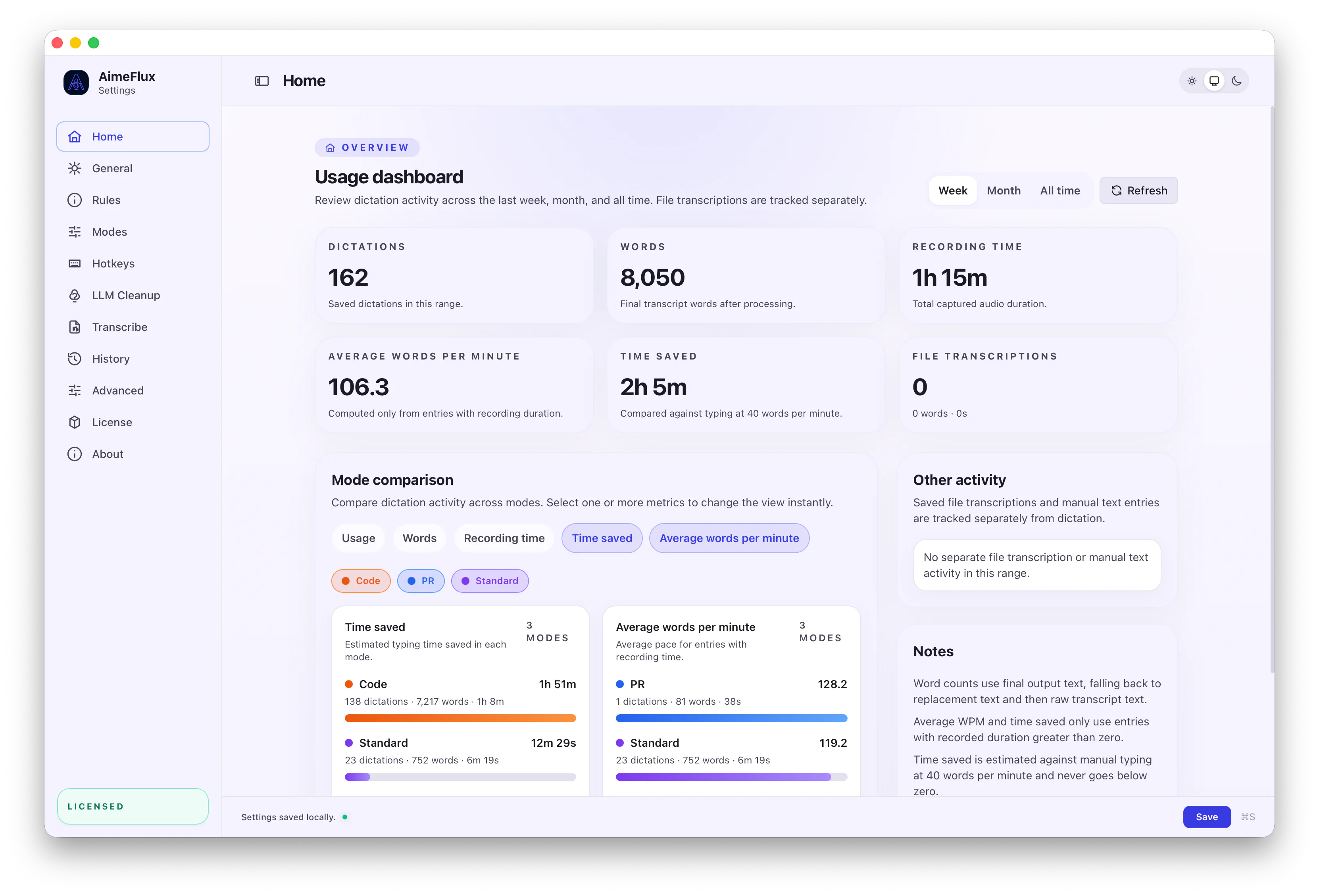 AimeFlux dashboard showing local usage, history, and capture controls
