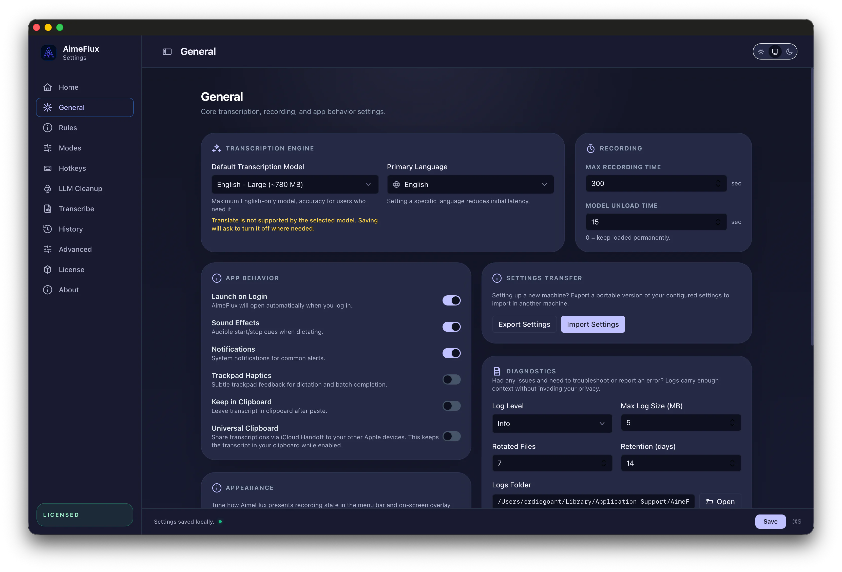 AimeFlux general settings