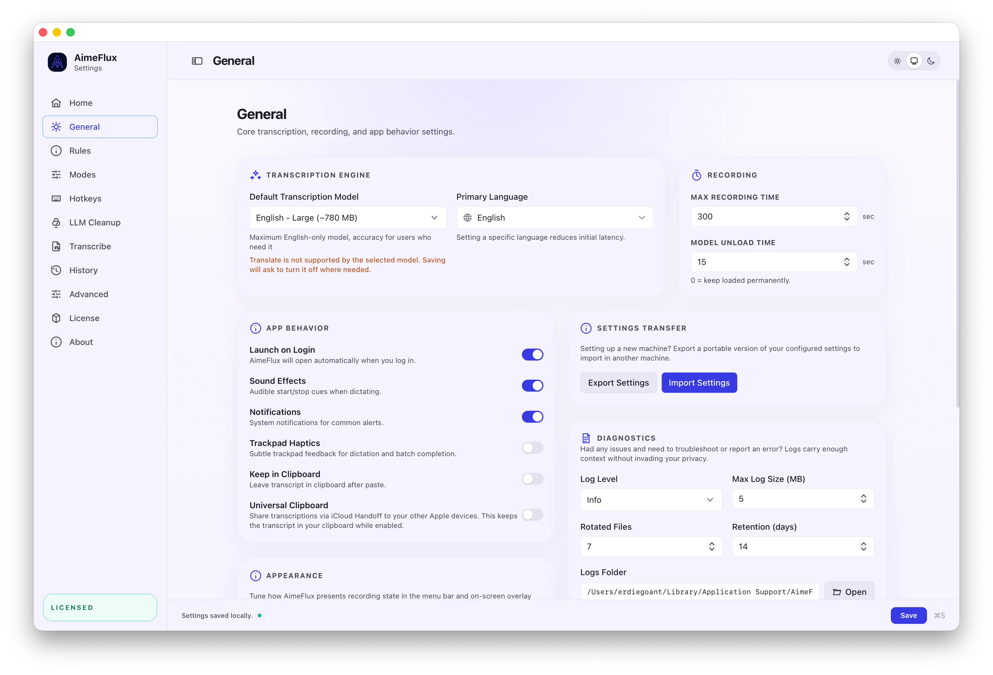 AimeFlux general settings