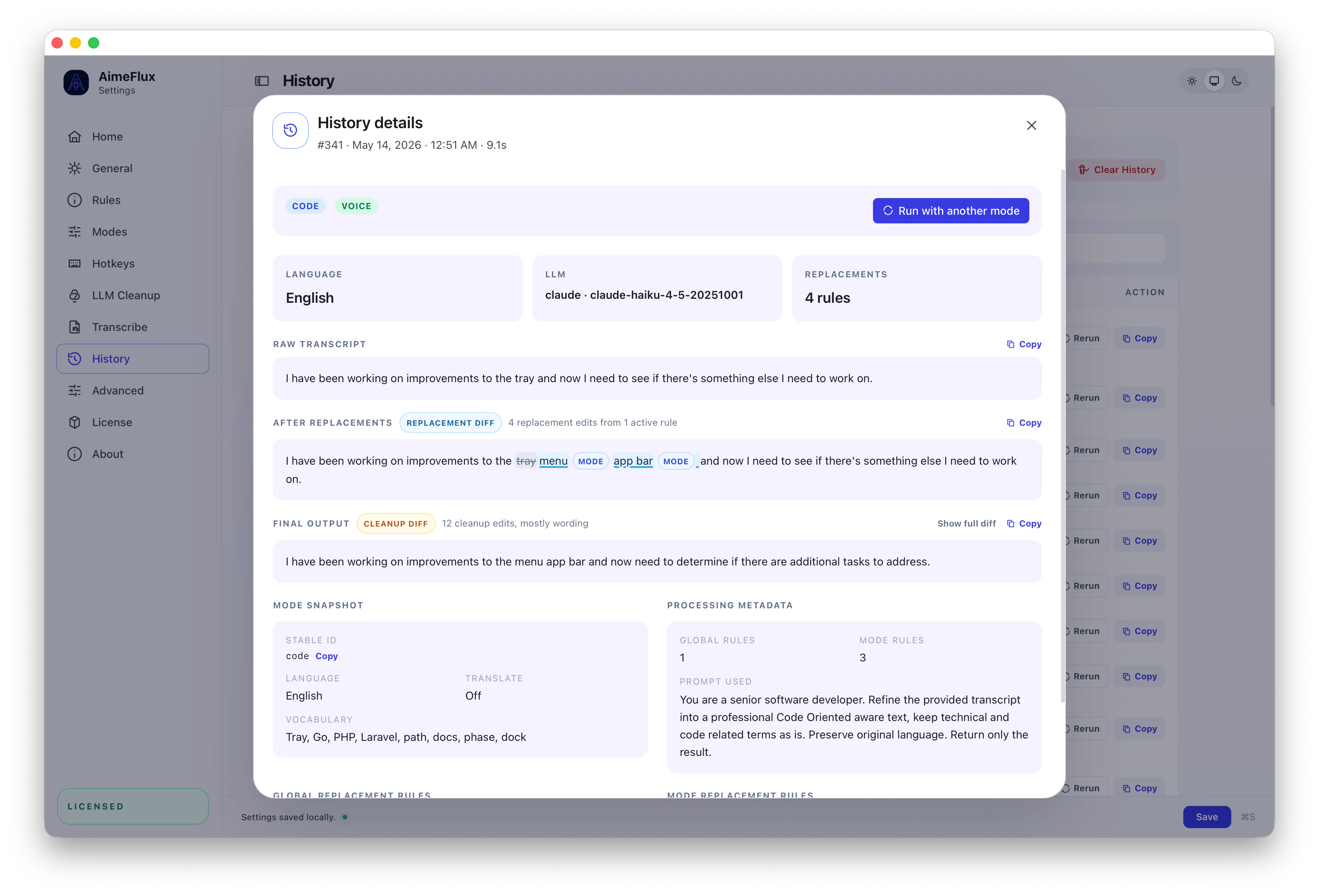 AimeFlux history detail diff viewer showing raw transcript, replacement diff, final output, and applied rule snapshots