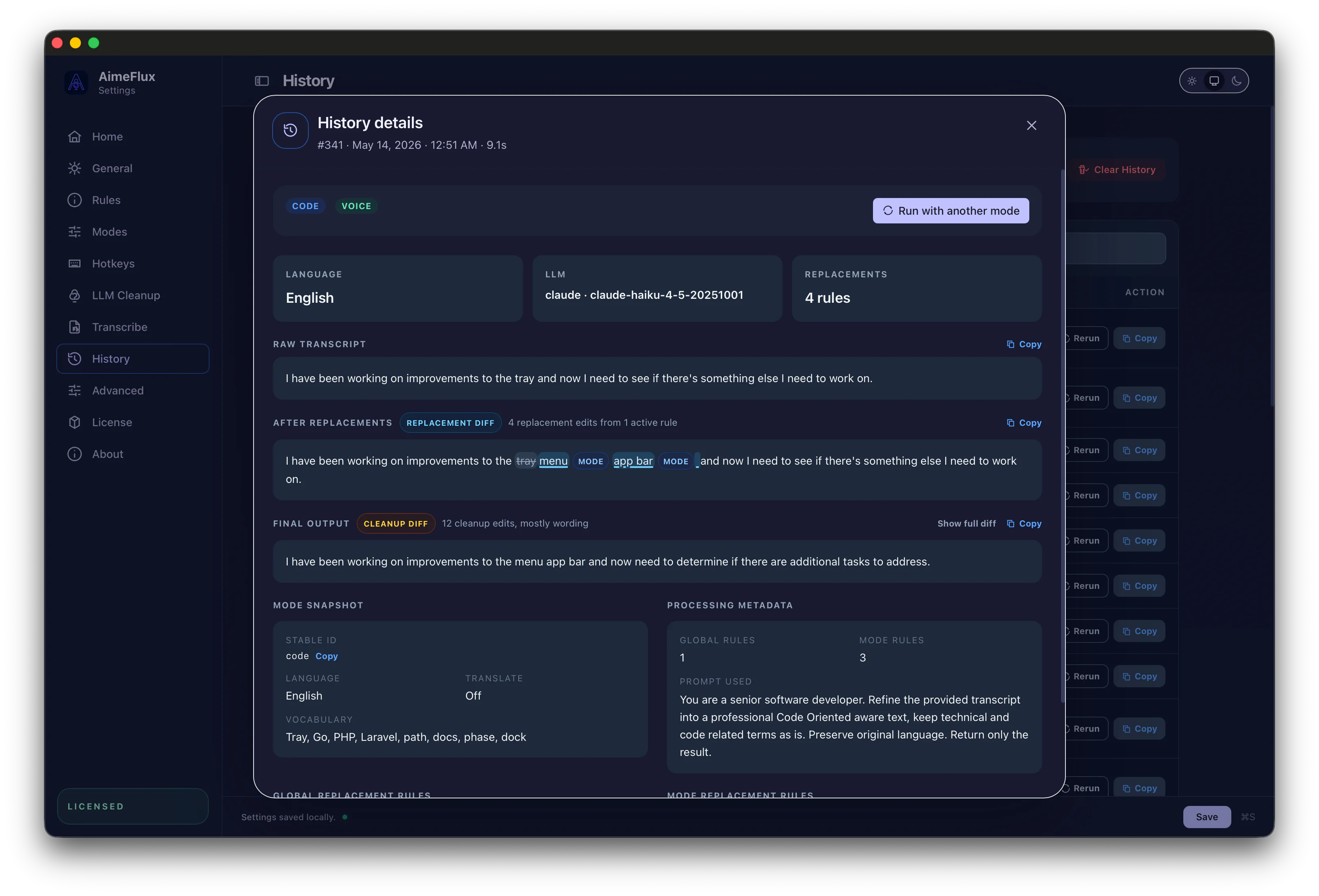 AimeFlux history detail diff viewer showing raw transcript, replacement diff, final output, and applied rule snapshots