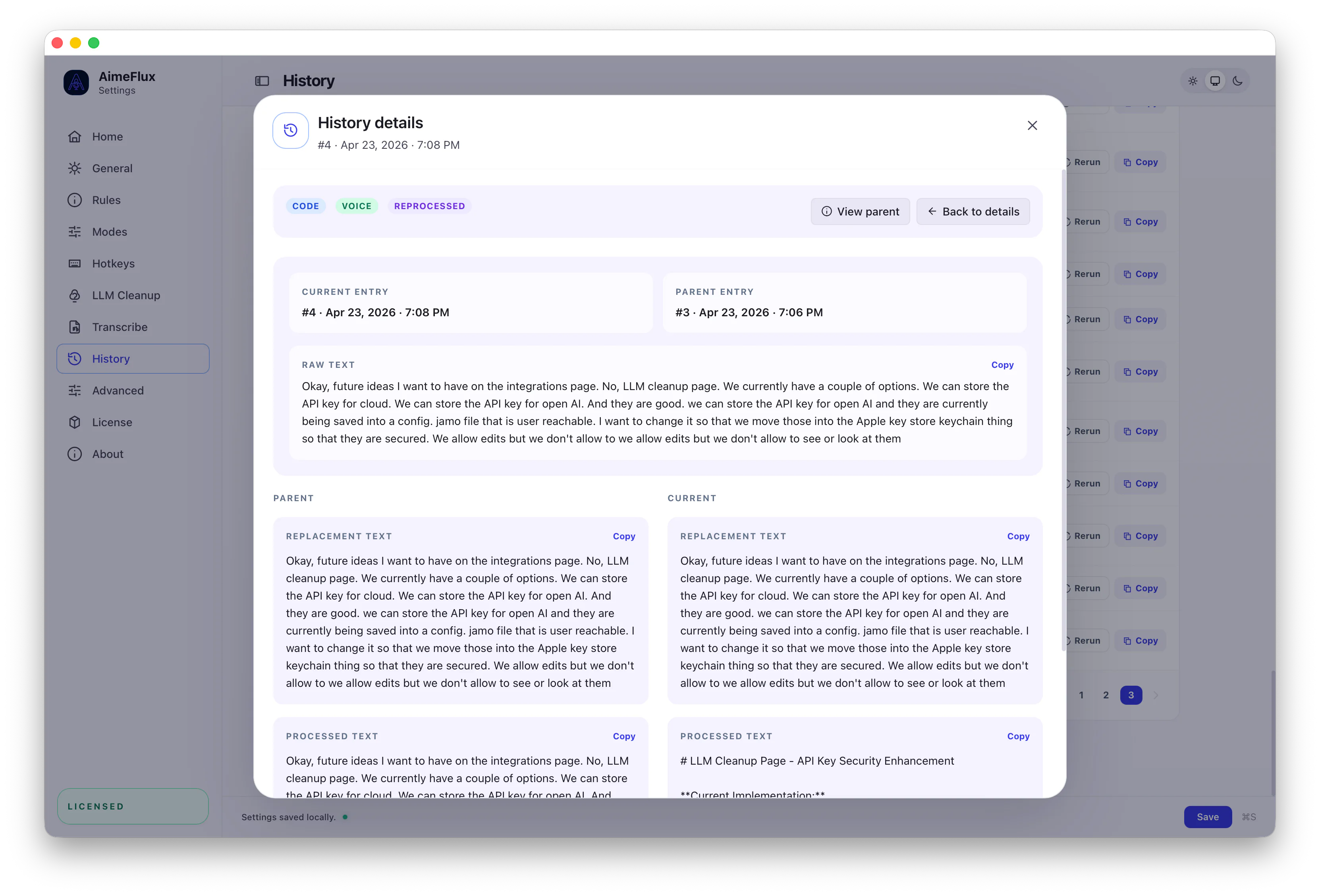 AimeFlux history compare view showing differences between a reprocessed transcript and its parent