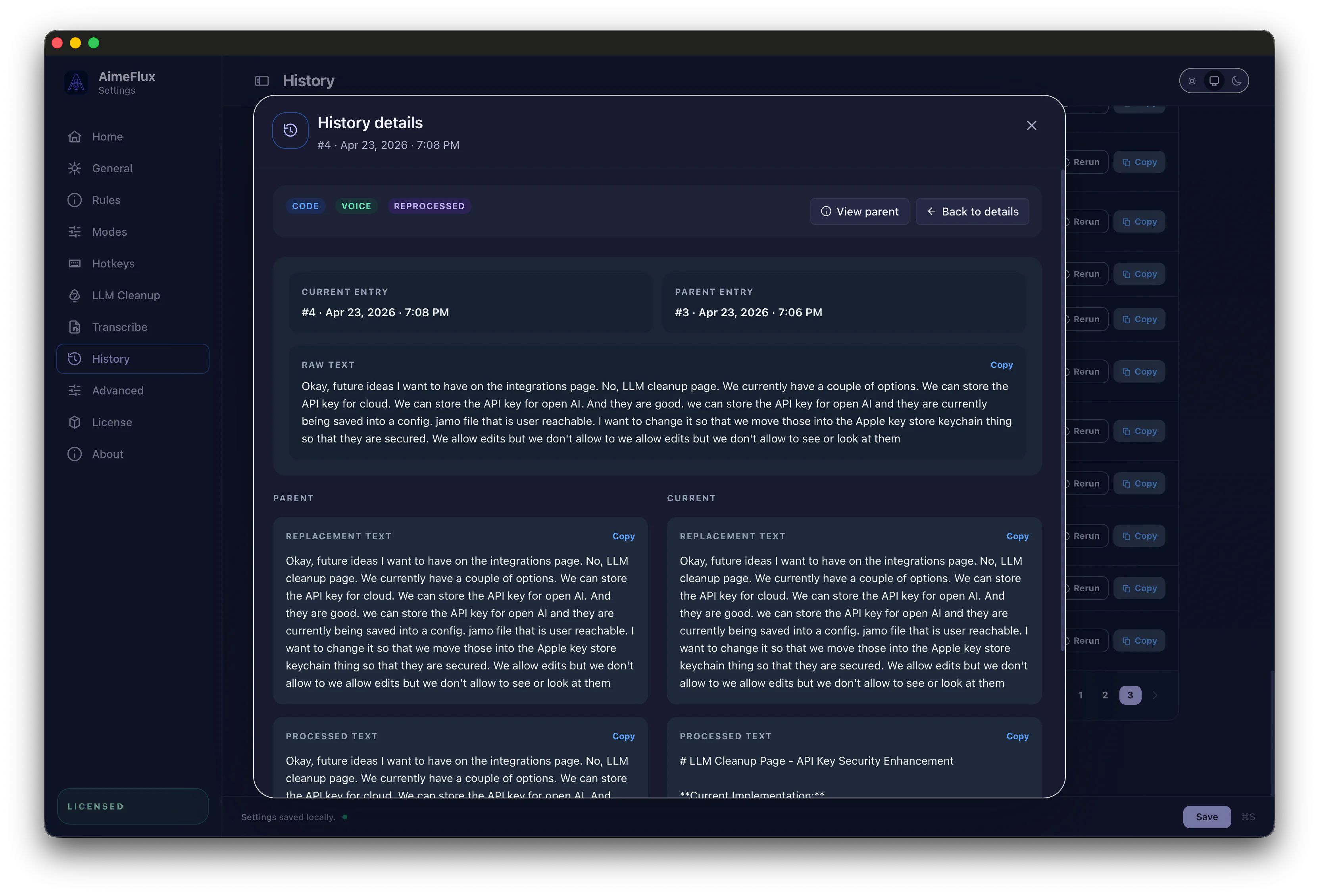 AimeFlux history compare view showing differences between a reprocessed transcript and its parent