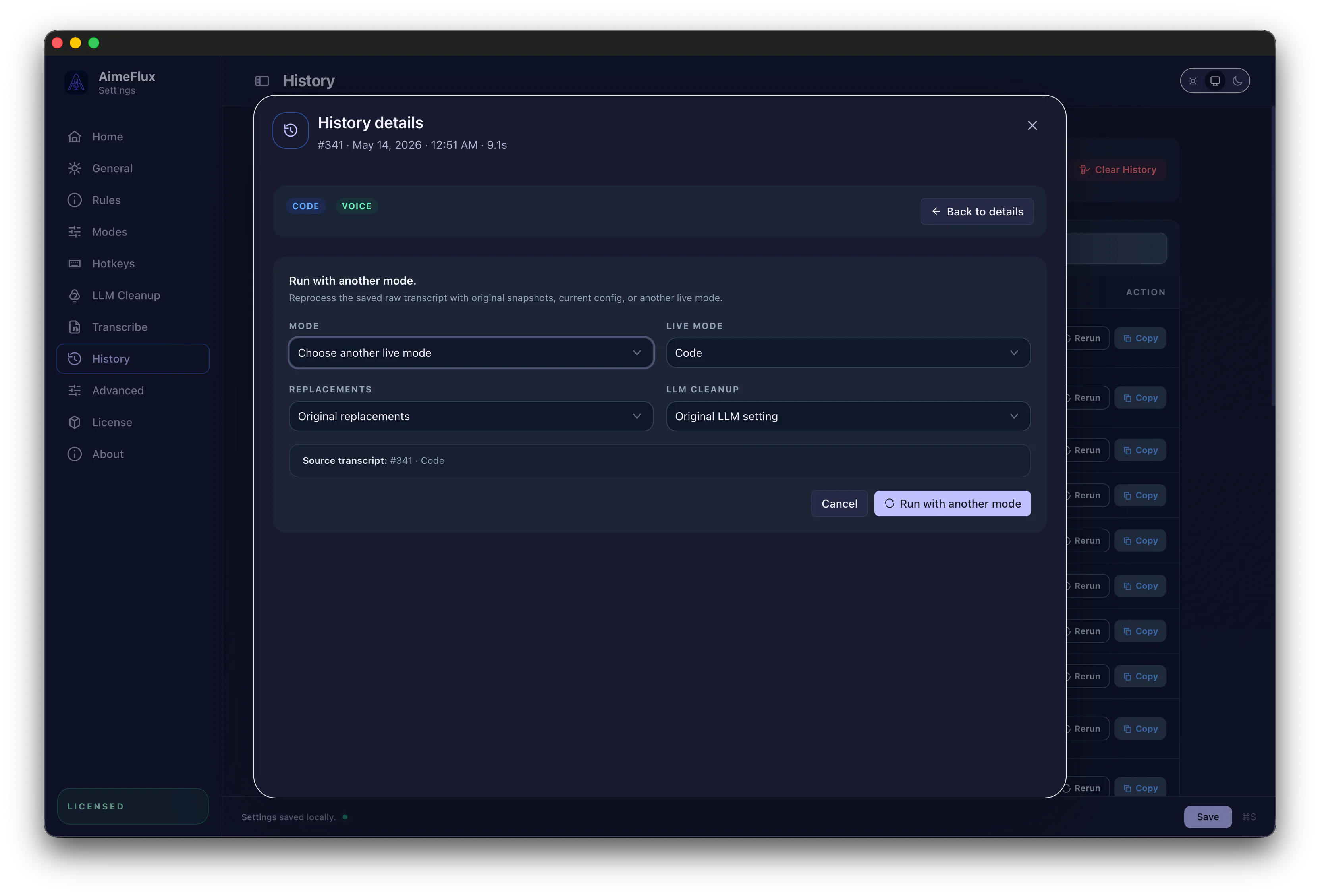 AimeFlux history reprocess view for running a saved transcript with another mode