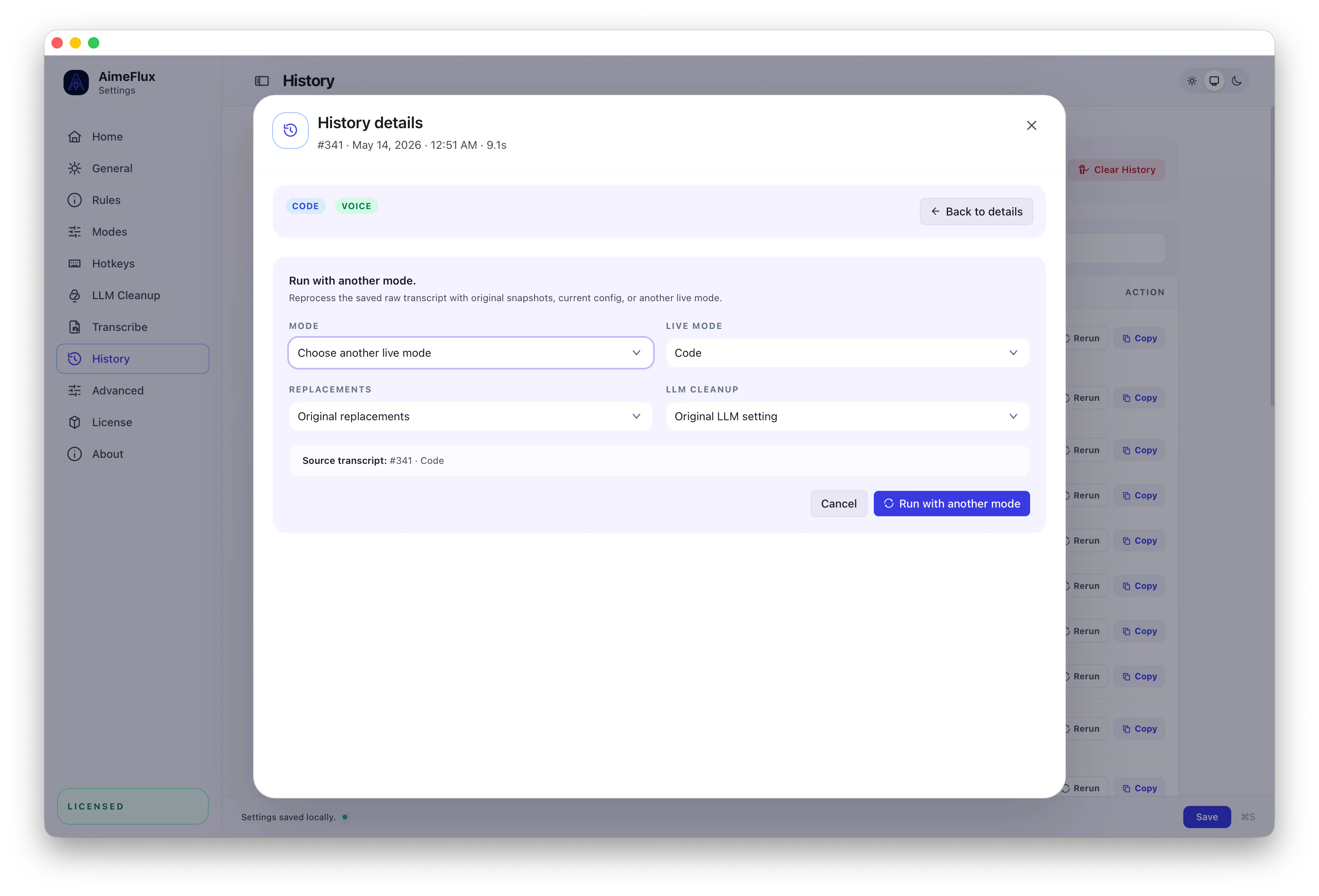 AimeFlux history reprocess view for running a saved transcript with another mode