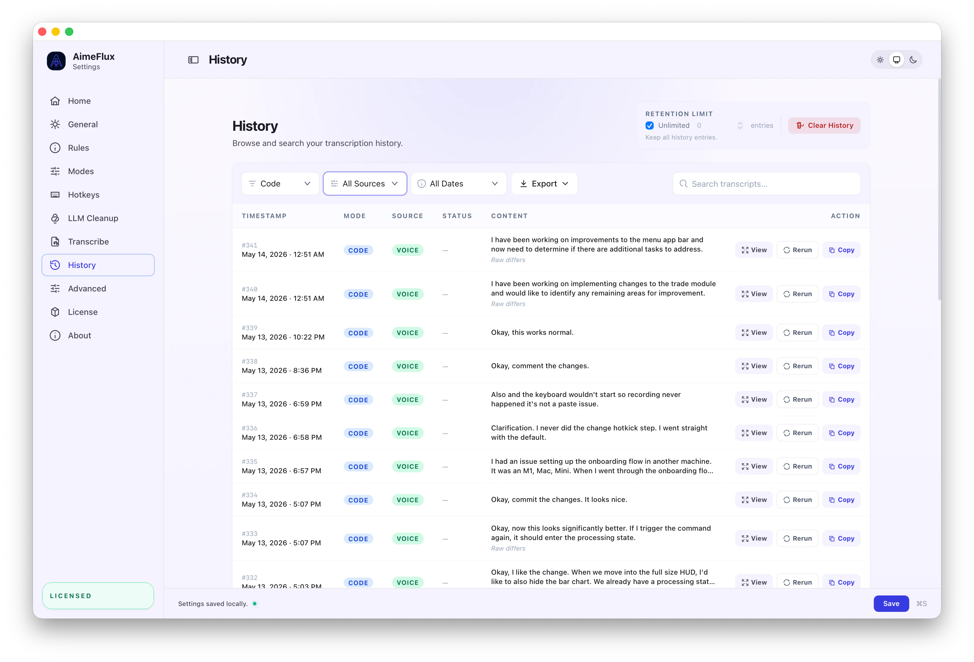 AimeFlux searchable history list