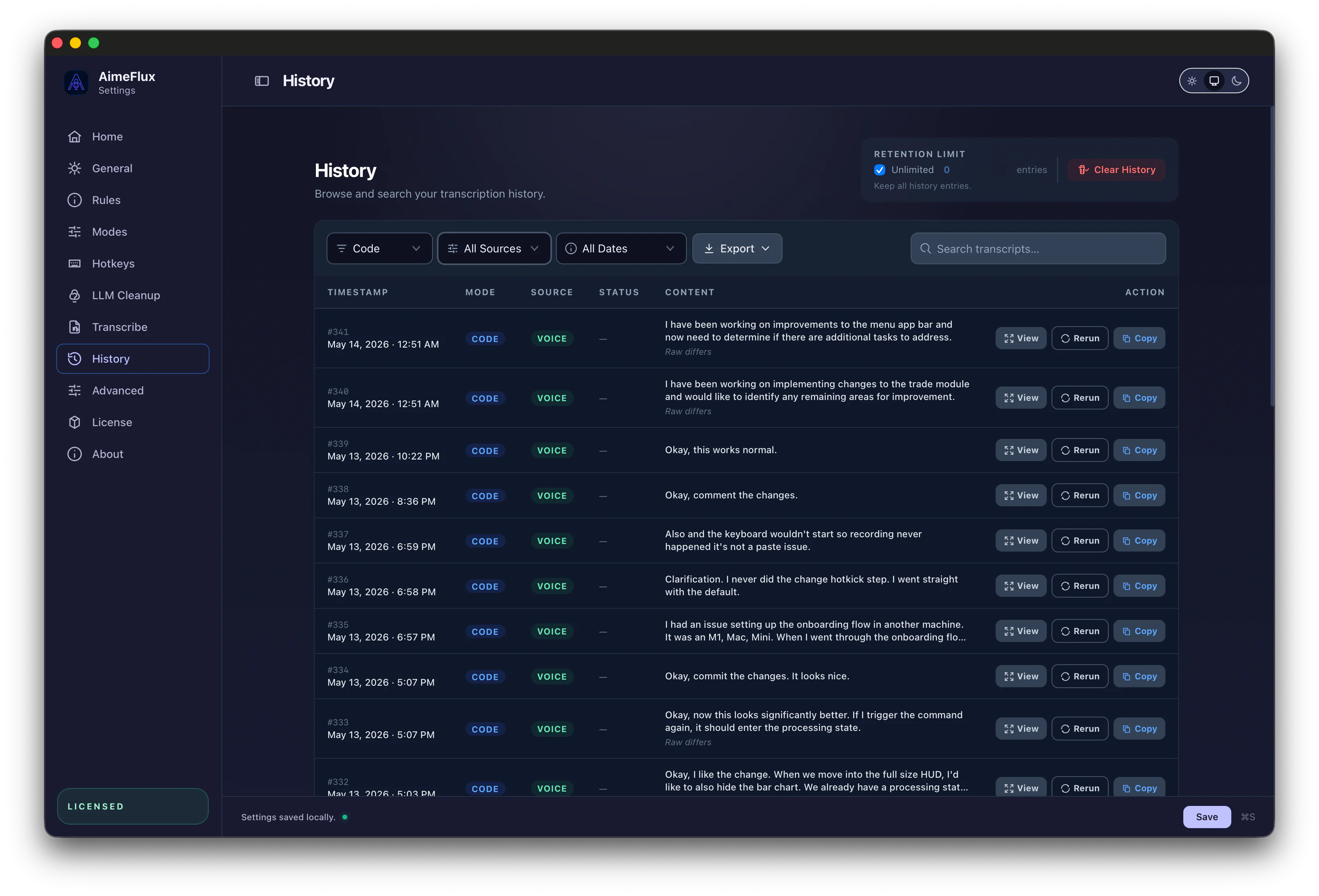 AimeFlux searchable history list