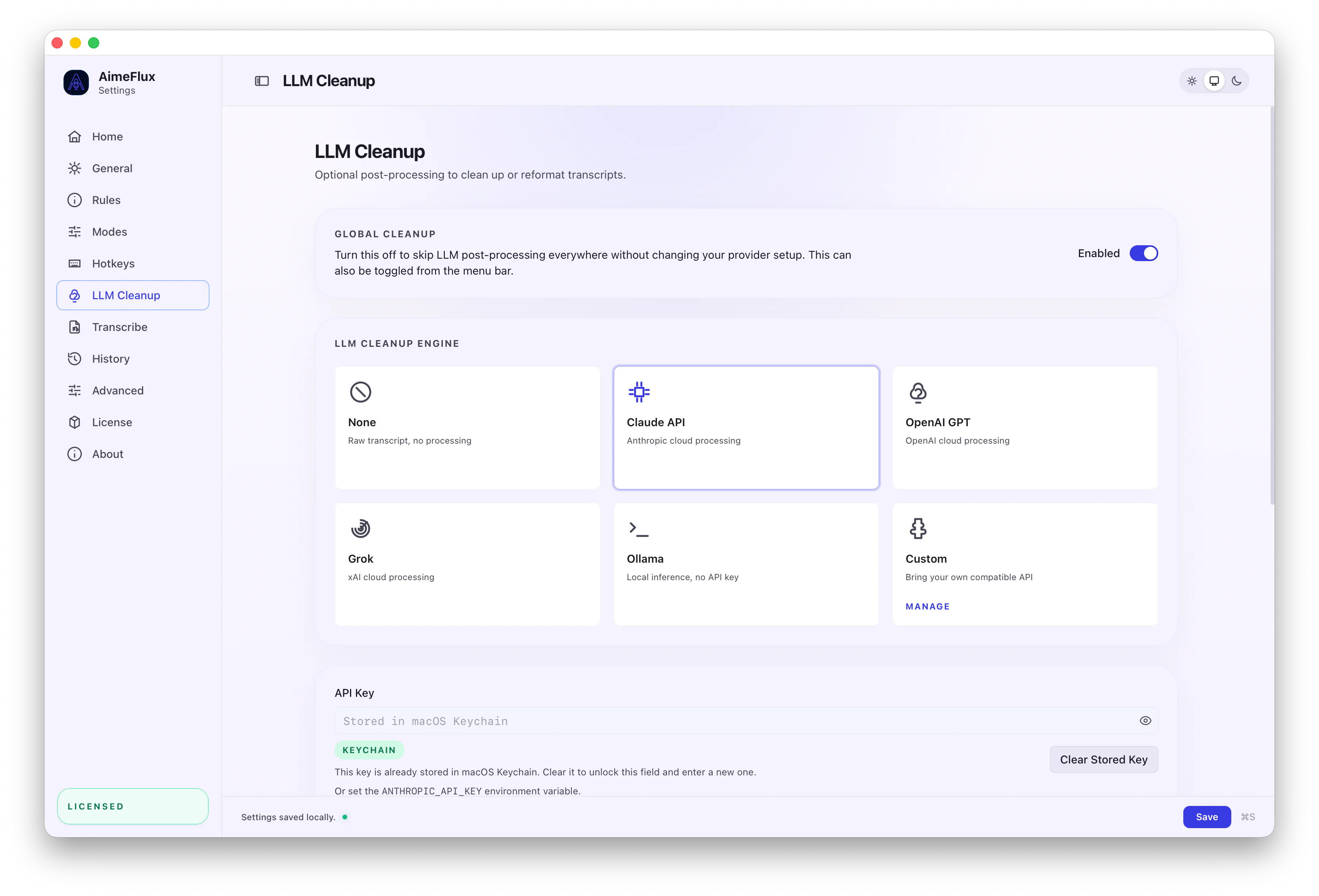 AimeFlux LLM settings