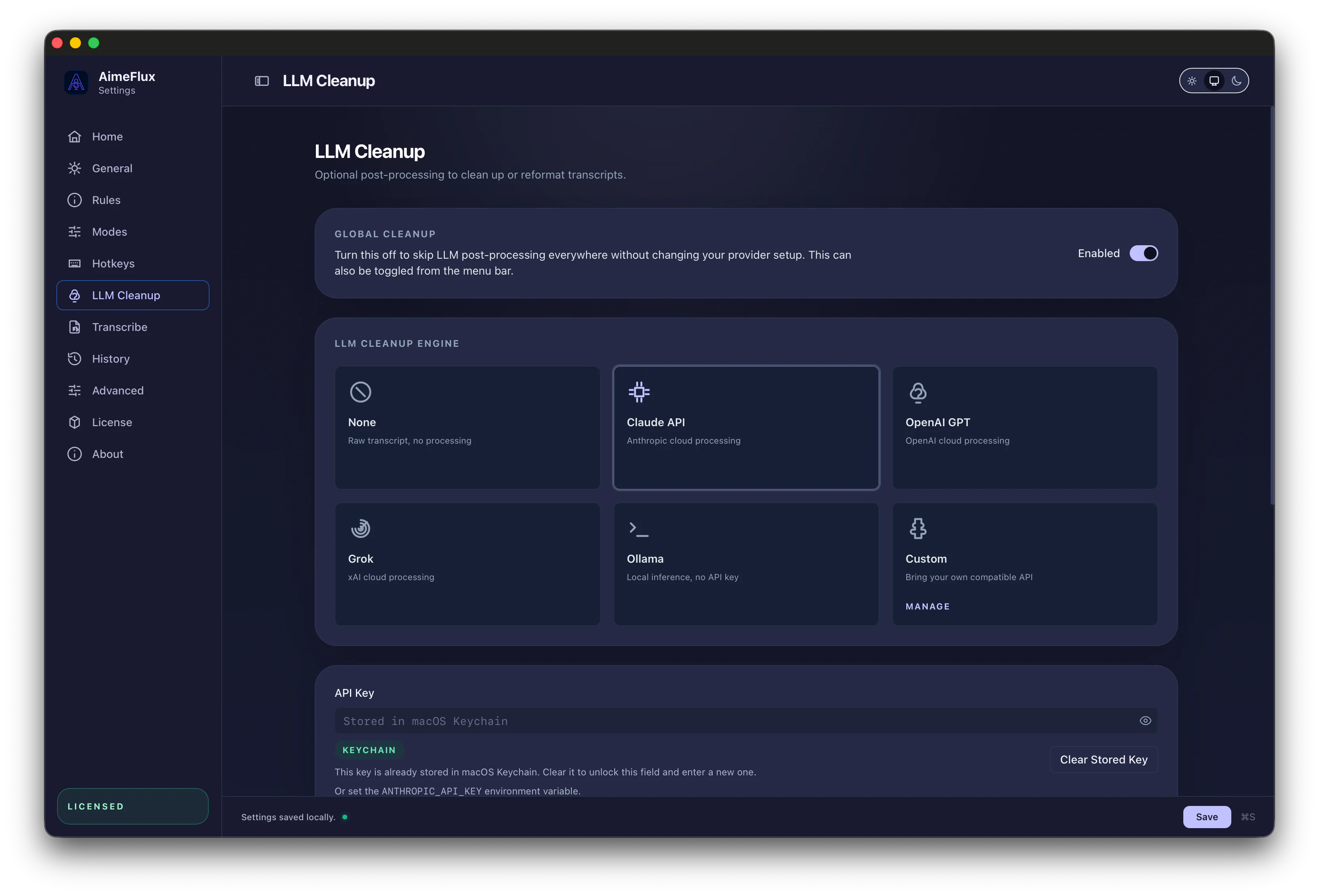 AimeFlux LLM settings