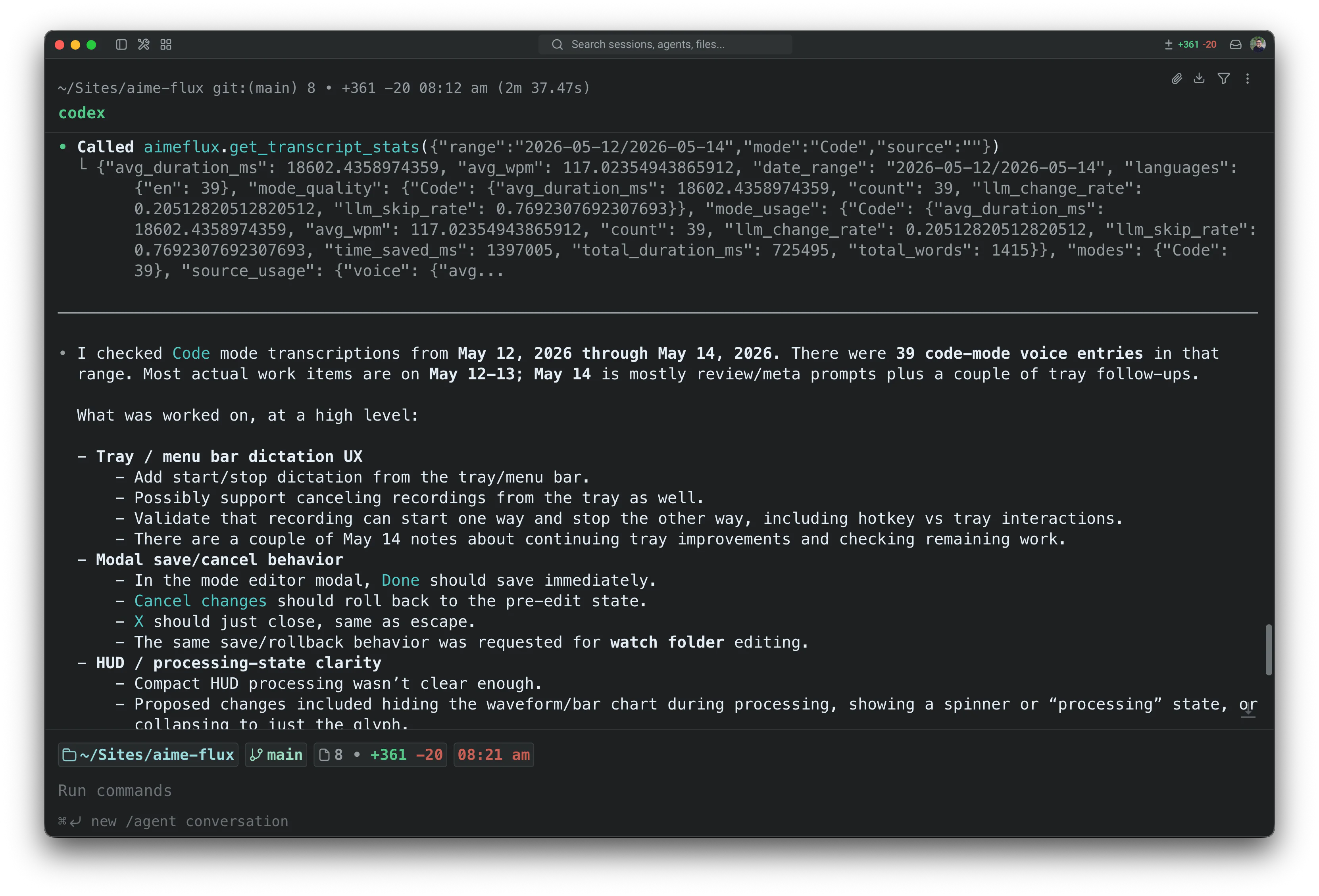 Codex using the AimeFlux MCP server to fetch past transcripts and summarize recent work