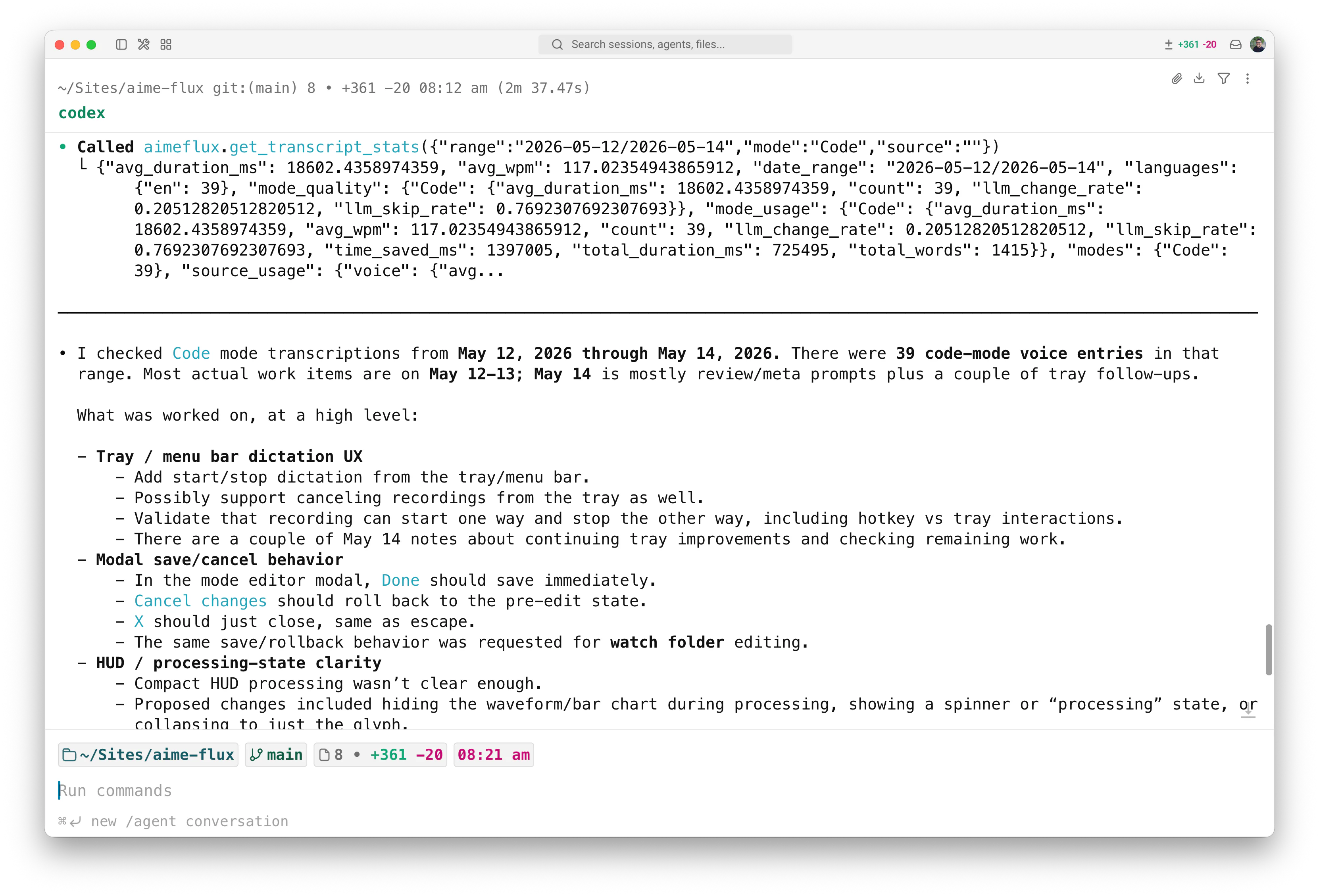 Codex using the AimeFlux MCP server to fetch past transcripts and summarize recent work