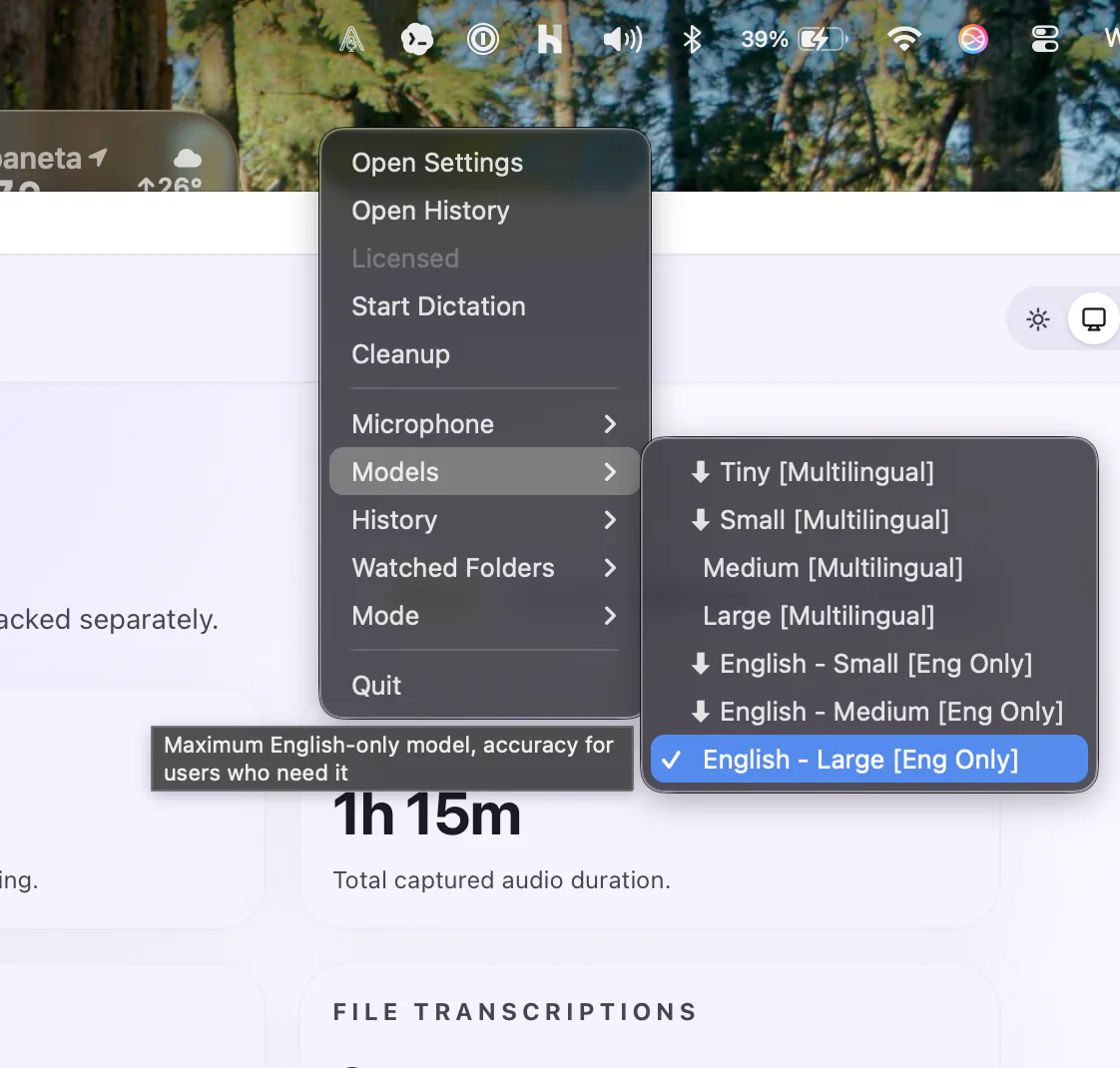 AimeFlux menu bar model submenu with selectable local transcription models