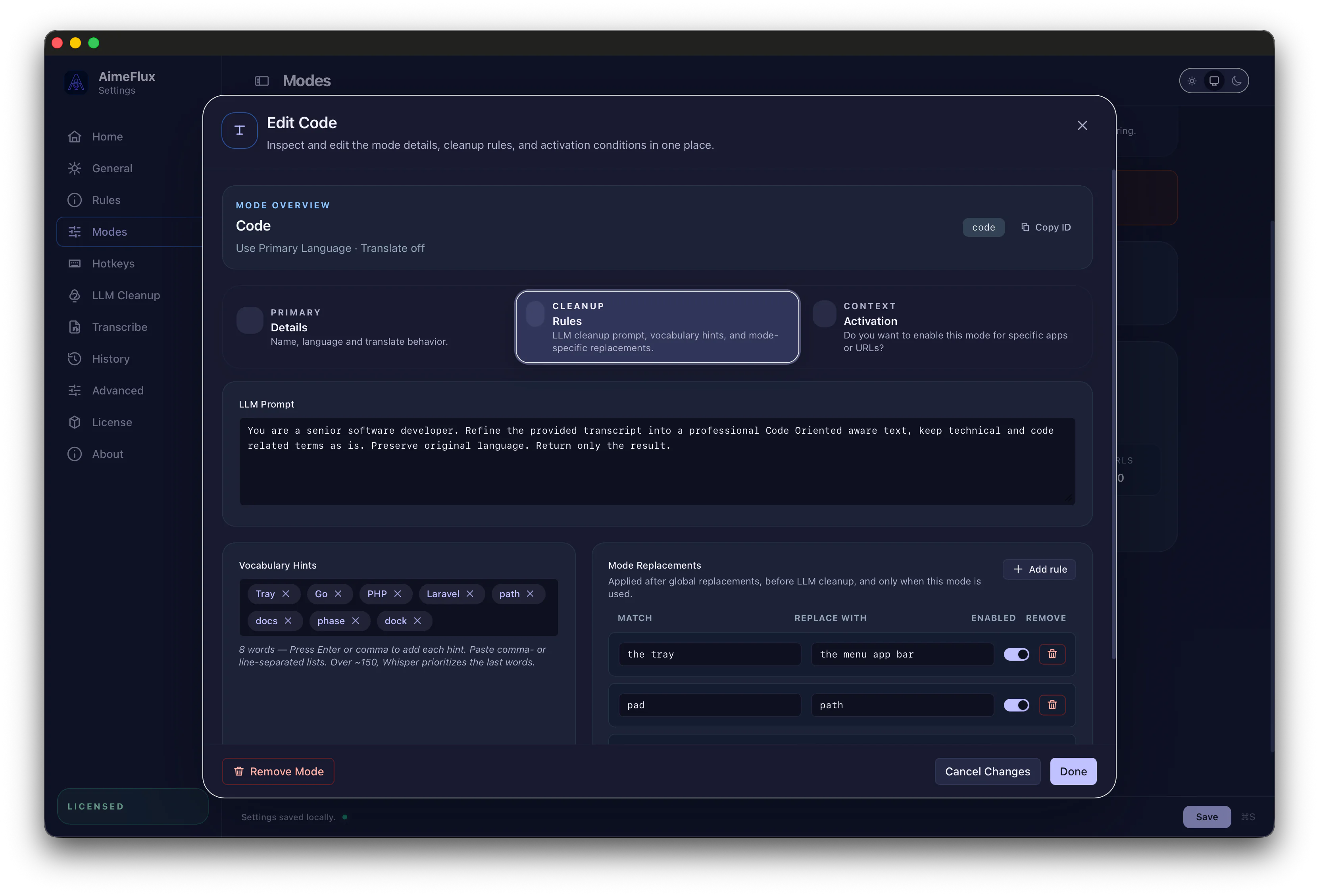 AimeFlux cleanup rules editor
