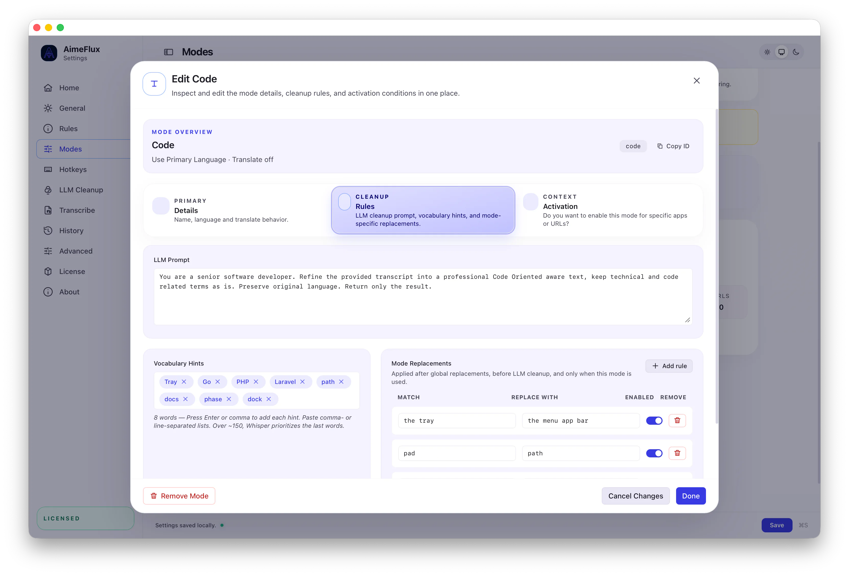 AimeFlux cleanup rules editor