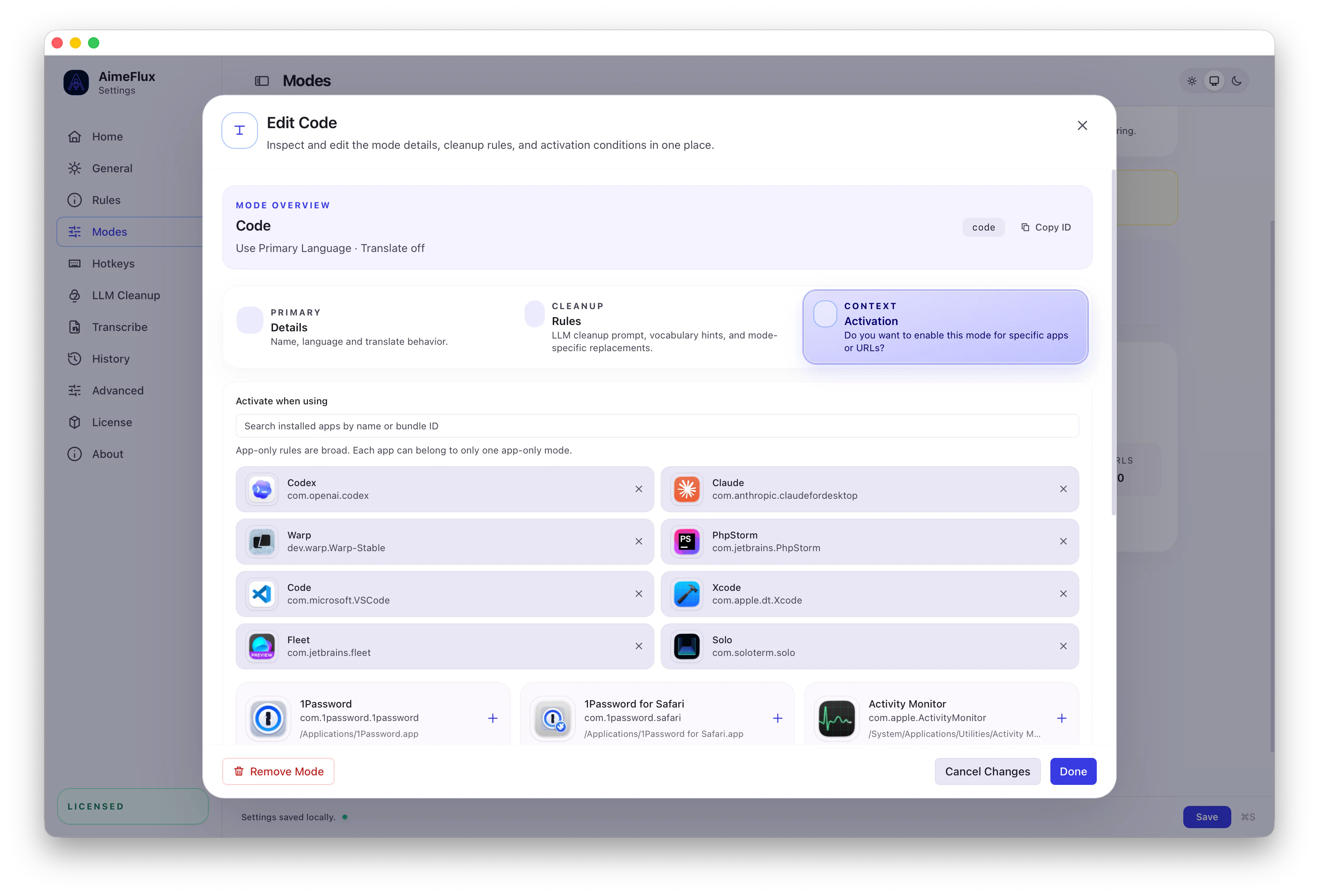 AimeFlux mode context editor