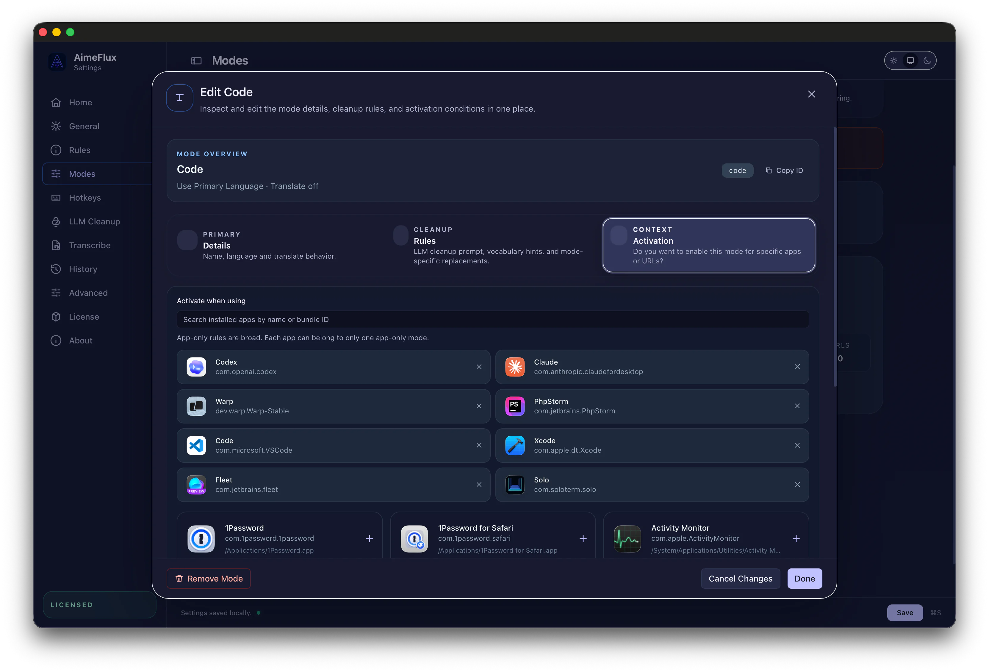 AimeFlux mode context editor