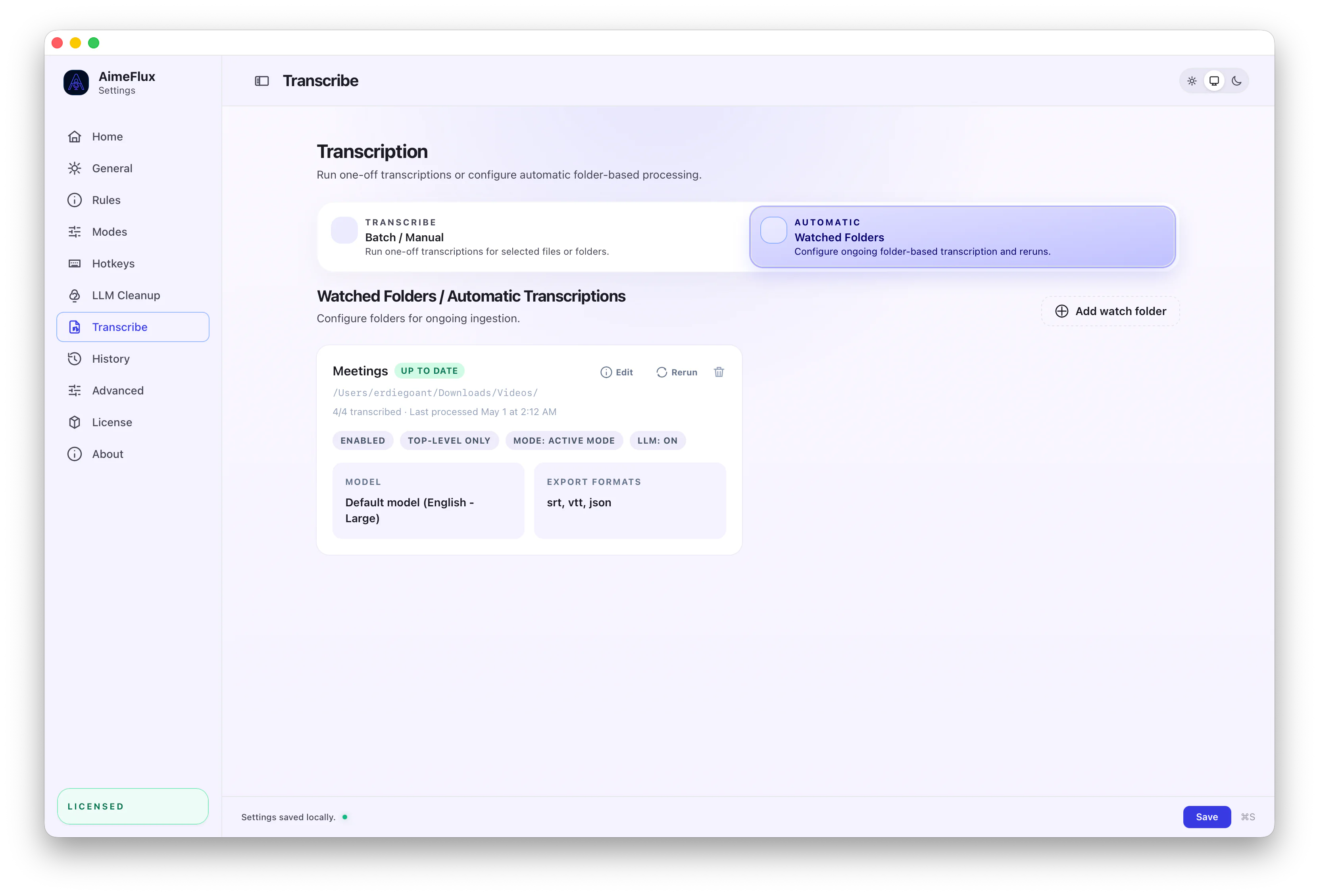 AimeFlux watched-folder transcription automation