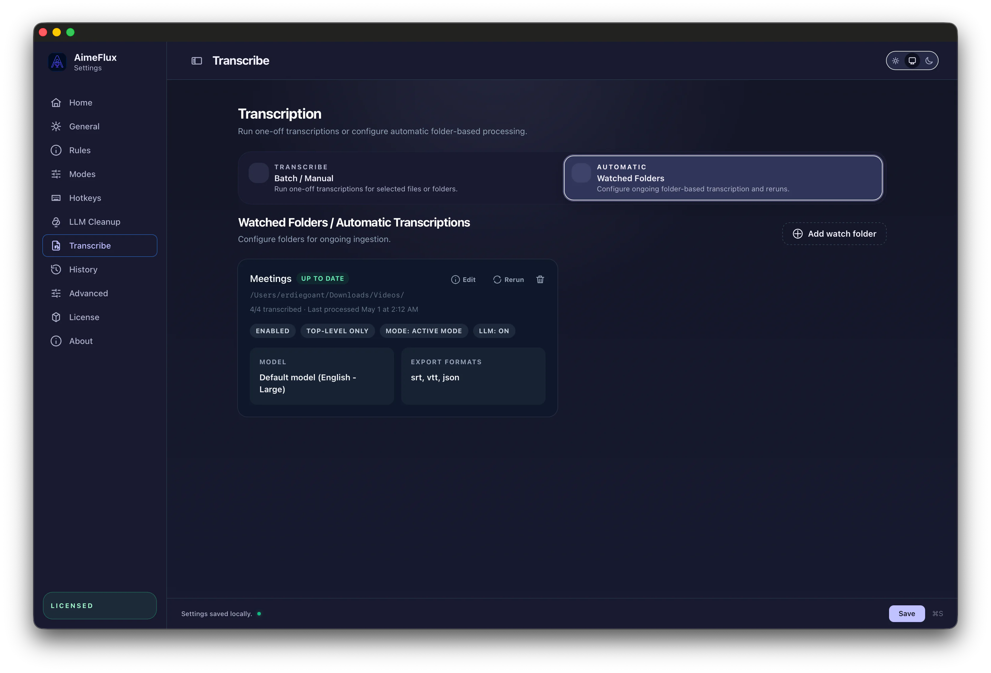 AimeFlux watched-folder transcription automation