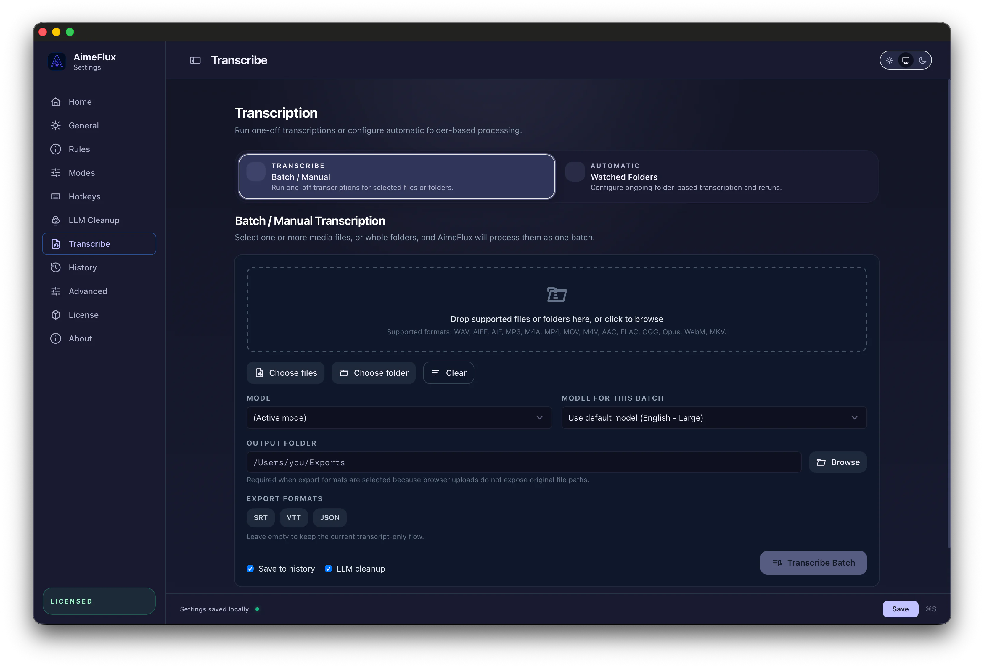 AimeFlux manual transcription workflow