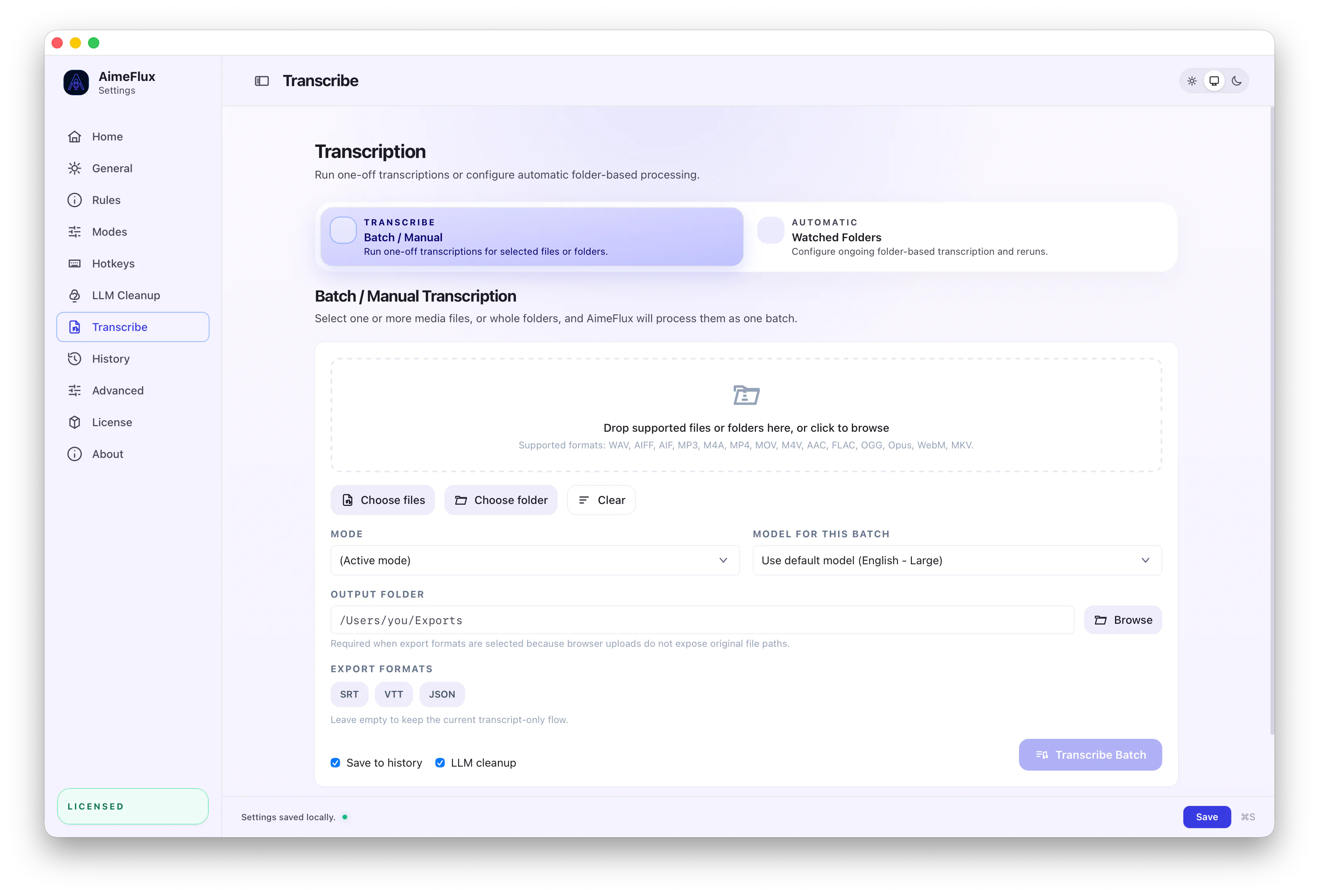 AimeFlux manual transcription workflow